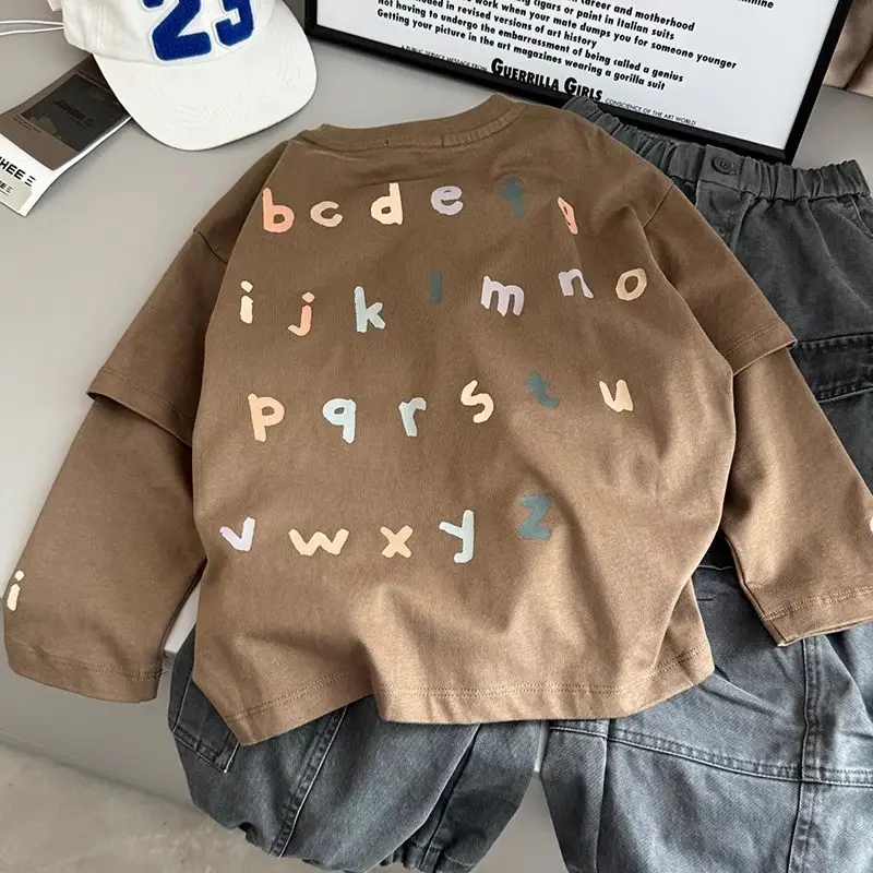 Kids Long Sleeve T-Shirt with Letter Print Beige — feature 9