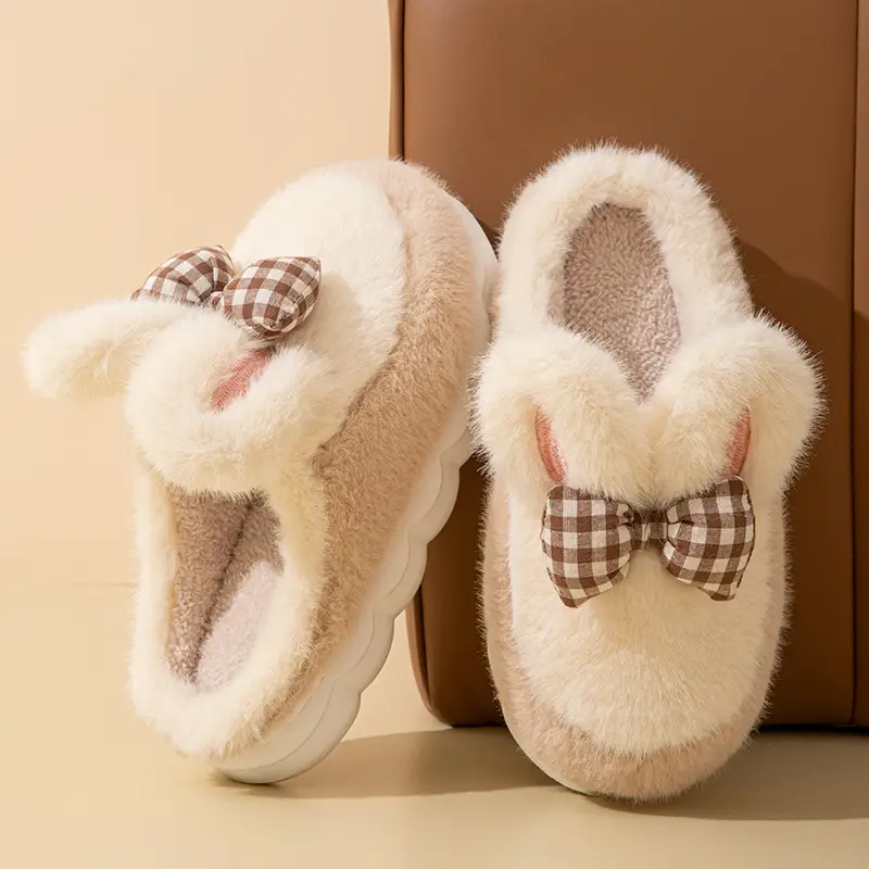 Bow-Knot Cute Cotton Slippers for Women 2025 New Winter Thick-Soled Indoor Warm Home Furry Slippers - Image 6