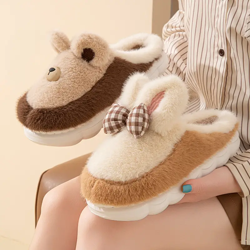 Bow-Knot Cute Cotton Slippers for Women 2025 New Winter Thick-Soled Indoor Warm Home Furry Slippers - Image 7
