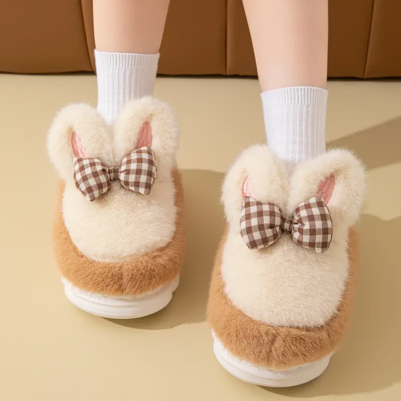 Bow-Knot Cute Cotton Slippers for Women 2025 New Winter Thick-Soled Indoor Warm Home Furry Slippers - Image 8