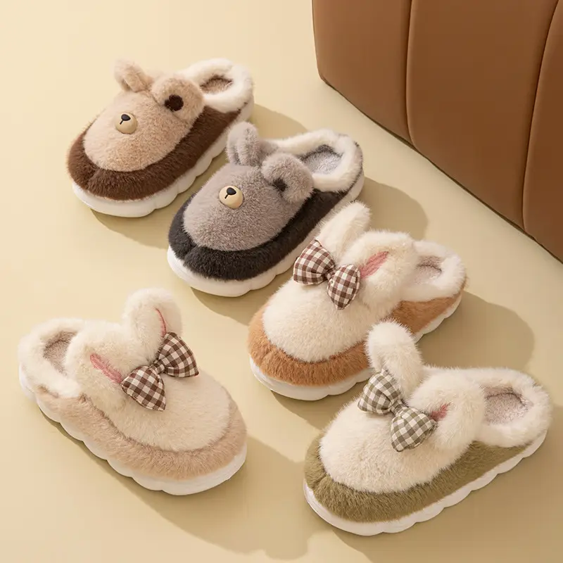 Bow-Knot Cute Cotton Slippers for Women 2025 New Winter Thick-Soled Indoor Warm Home Furry Slippers - Image 9