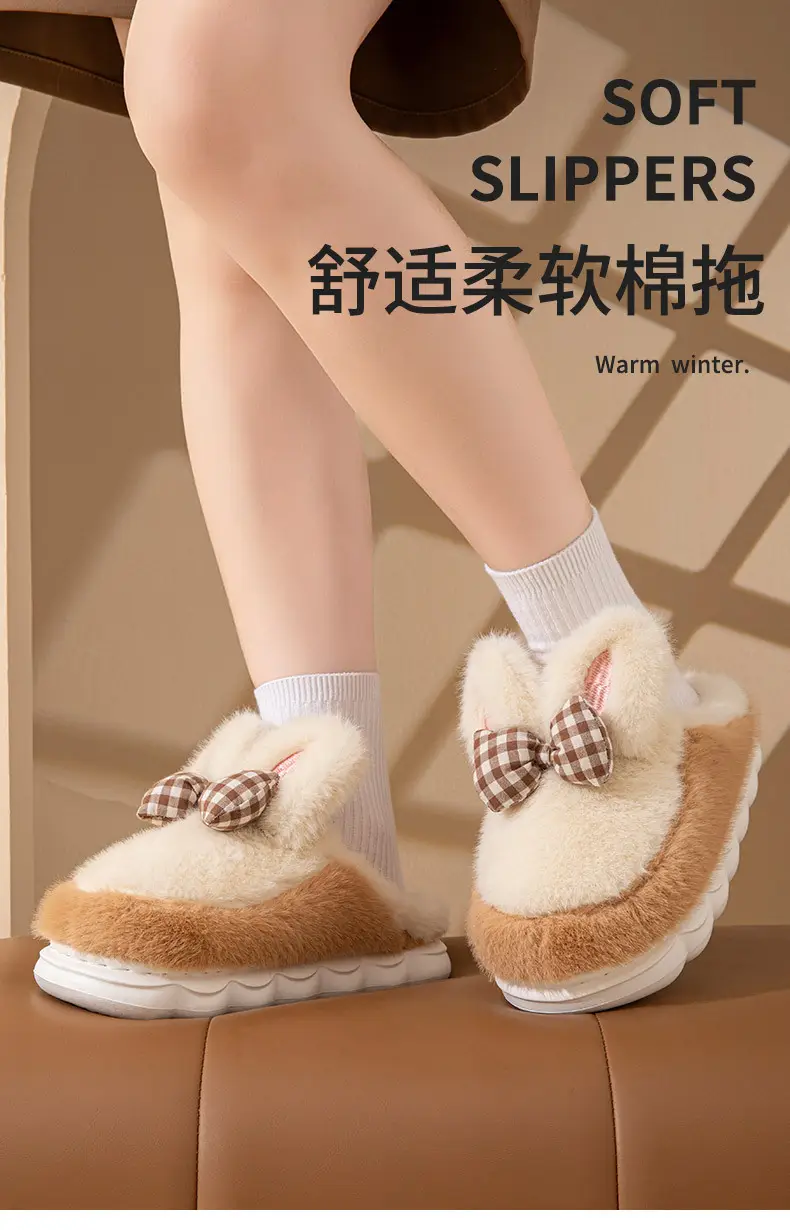 Bow-Knot Cute Cotton Slippers for Women 2025 New Winter Thick-Soled Indoor Warm Home Furry Slippers — feature 1