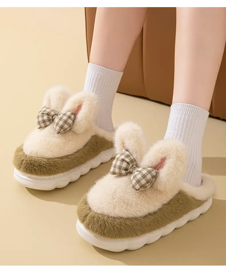 Bow-Knot Cute Cotton Slippers for Women 2025 New Winter Thick-Soled Indoor Warm Home Furry Slippers — feature 16