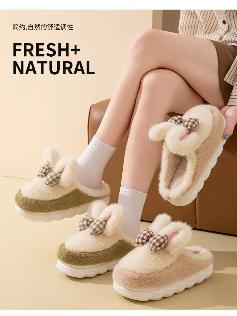 Bow-Knot Cute Cotton Slippers for Women 2025 New Winter Thick-Soled Indoor Warm Home Furry Slippers — feature 5