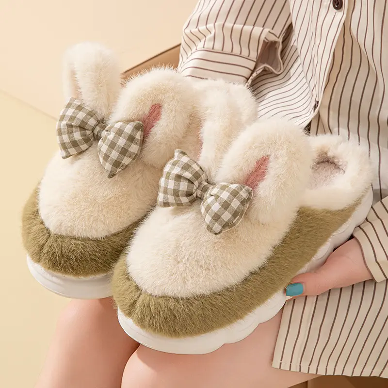 Bow-Knot Cute Cotton Slippers for Women 2025 New Winter Thick-Soled Indoor Warm Home Furry Slippers - Image 2