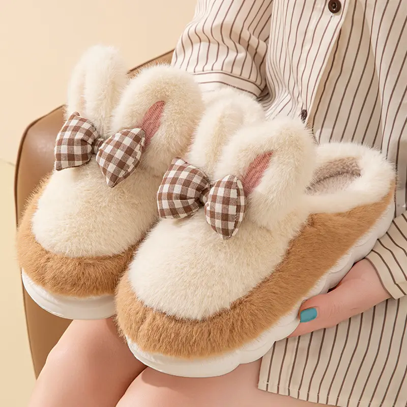 Bow-Knot Cute Cotton Slippers for Women 2025 New Winter Thick-Soled Indoor Warm Home Furry Slippers - Image 3
