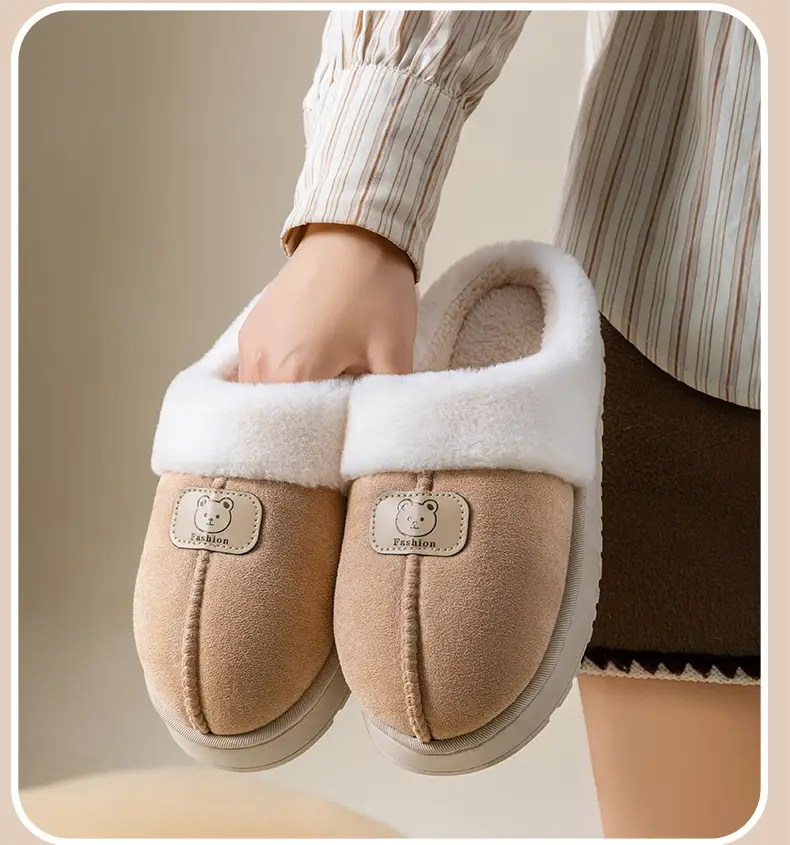 Autumn and Winter Cute Bear Cotton Slippers for Women Indoor Home Warm Fleece-Lined Thickeneded Sole Anti-Slip Couple Plush Slippers — feature 25