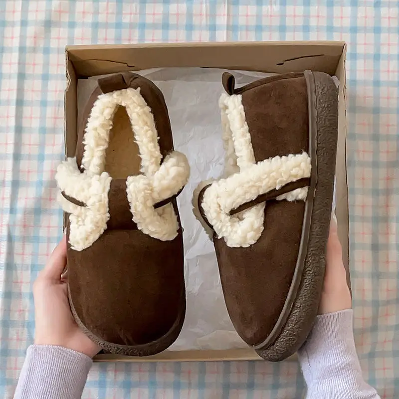 Women Velvet Lazy Slippers Brown Winter Warm