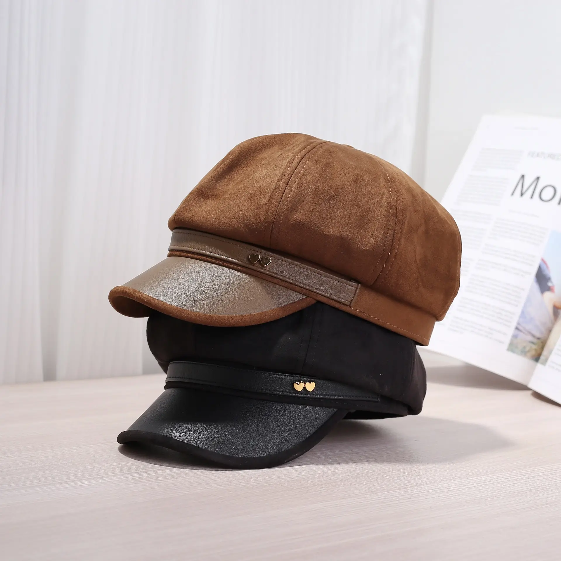 Women Leather Brim Hat Black Brown Grey New Autumn Retro Newsboy Cap
