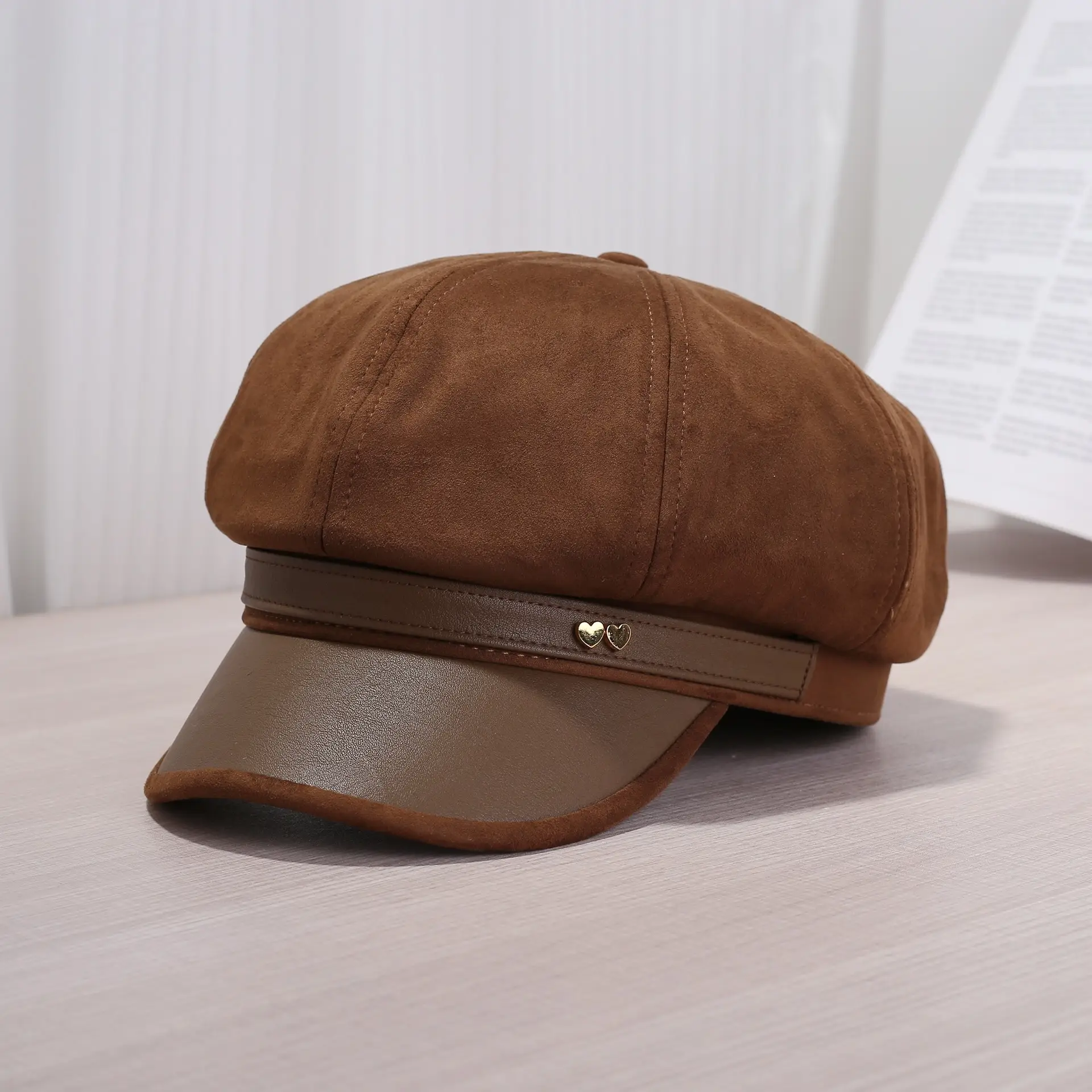 Women Leather Brim Hat Black Brown Grey New Autumn Retro Newsboy Cap