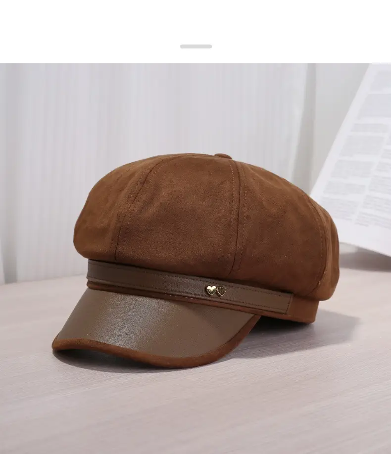 Women Leather Brim Hat Black Brown Grey New Autumn Retro Newsboy Cap — feature 10
