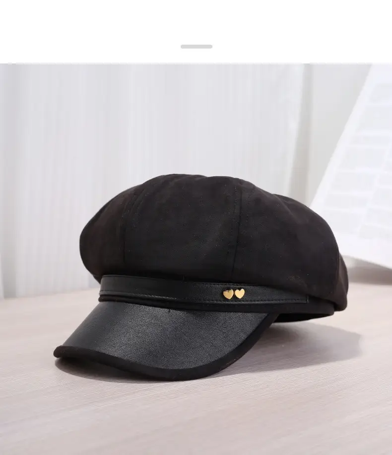 Women Leather Brim Hat Black Brown Grey New Autumn Retro Newsboy Cap — feature 13