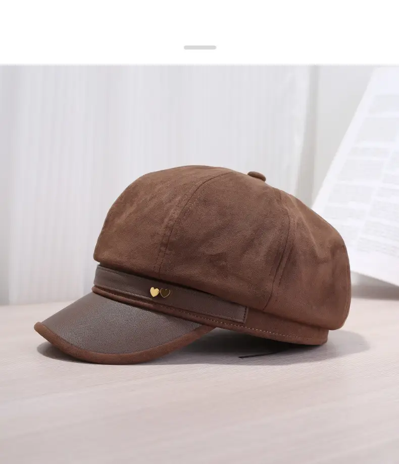 Women Leather Brim Hat Black Brown Grey New Autumn Retro Newsboy Cap — feature 15
