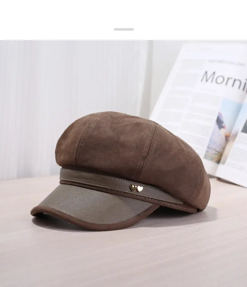 Women Leather Brim Hat Black Brown Grey New Autumn Retro Newsboy Cap — feature 16