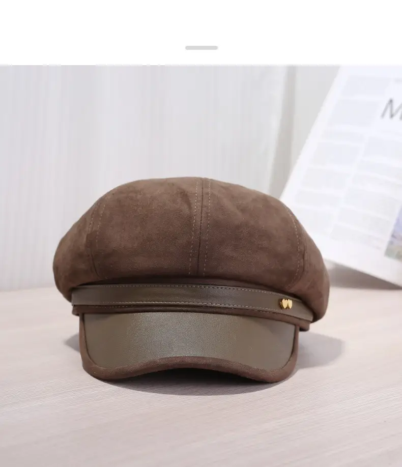 Women Leather Brim Hat Black Brown Grey New Autumn Retro Newsboy Cap — feature 17