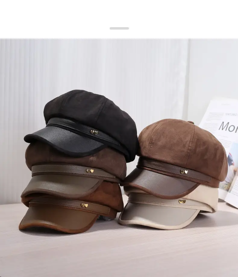 Women Leather Brim Hat Black Brown Grey New Autumn Retro Newsboy Cap — feature 7