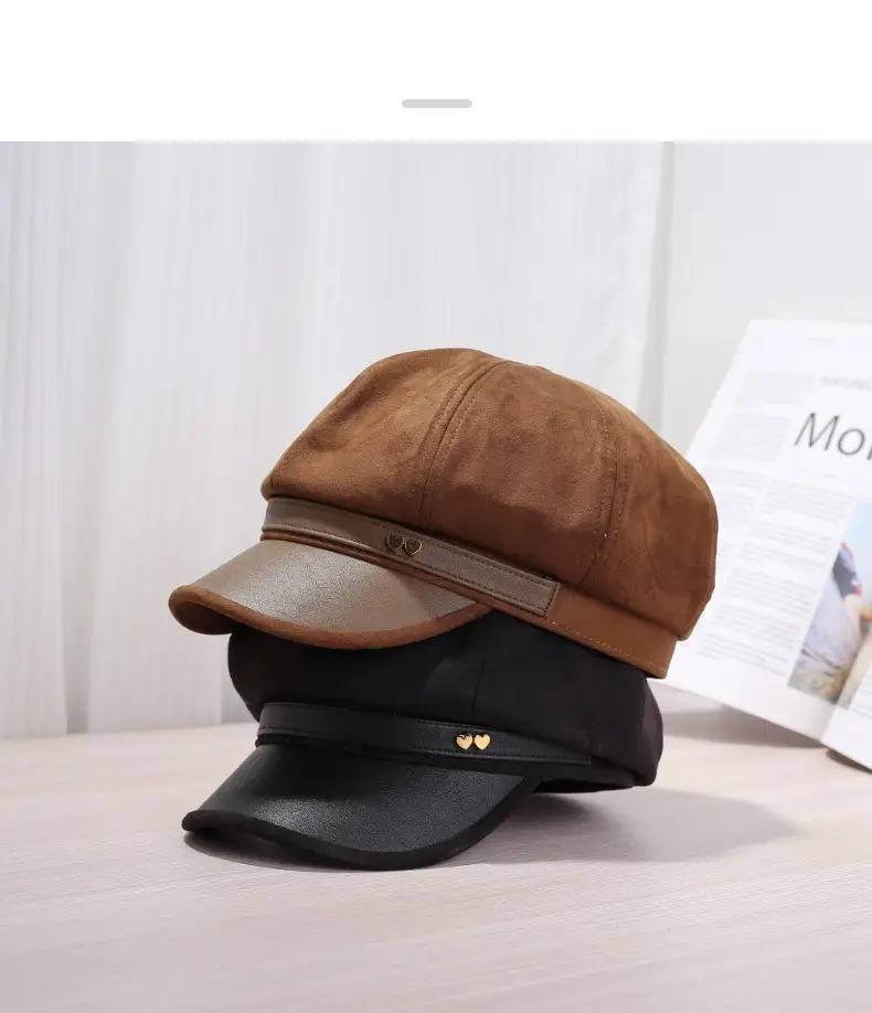 Women Leather Brim Hat Black Brown Grey New Autumn Retro Newsboy Cap — feature 9