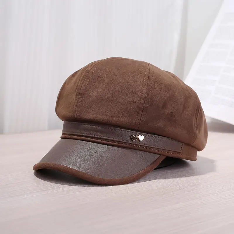 Women Leather Brim Hat Black Brown Grey New Autumn Retro Newsboy Cap