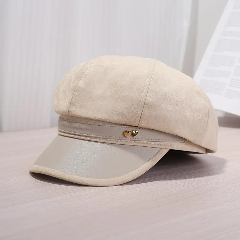 Women Leather Brim Hat Black Brown Grey New Autumn Retro Newsboy Cap
