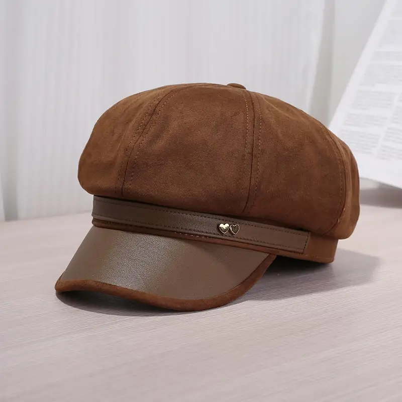 Women Leather Brim Hat Black Brown Grey New Autumn Retro Newsboy Cap