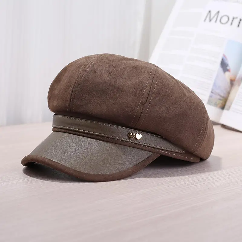 Women Leather Brim Hat Black Brown Grey New Autumn Retro Newsboy Cap