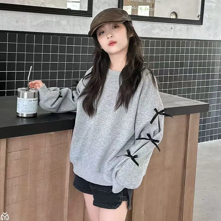 Girls Grey Sweatshirt Spring Bow Loose Top 2025 - Image 4