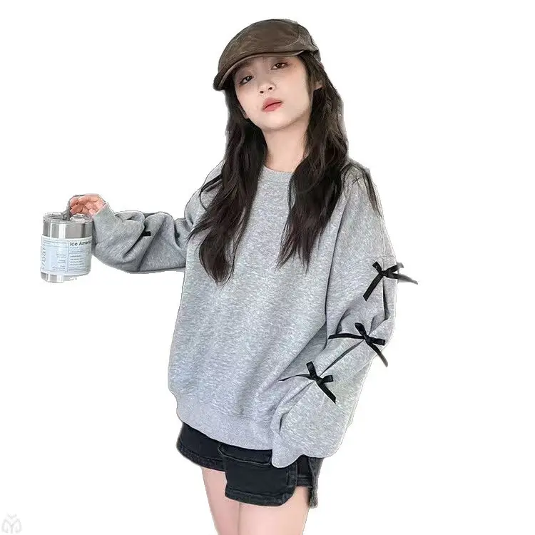 Girls Grey Sweatshirt Spring Bow Loose Top 2025 - Image 6