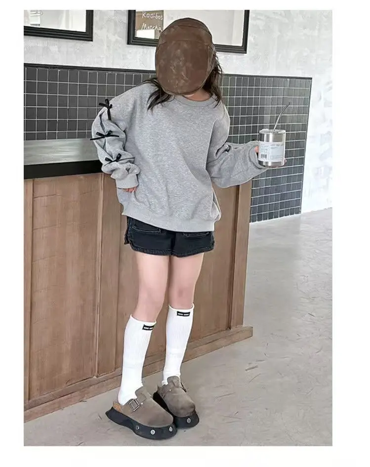 Girls Grey Sweatshirt Spring Bow Loose Top 2025 — feature 11