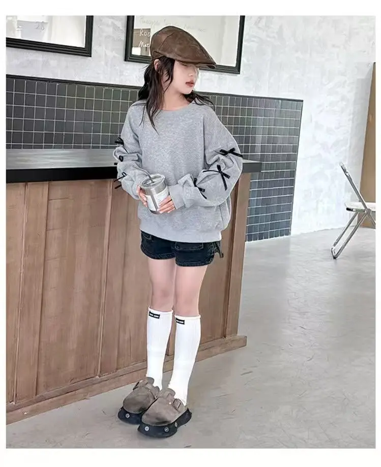 Girls Grey Sweatshirt Spring Bow Loose Top 2025 — feature 12