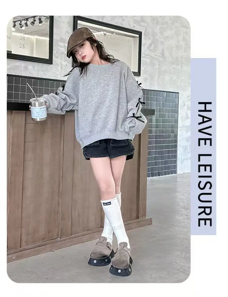 Girls Grey Sweatshirt Spring Bow Loose Top 2025 — feature 13