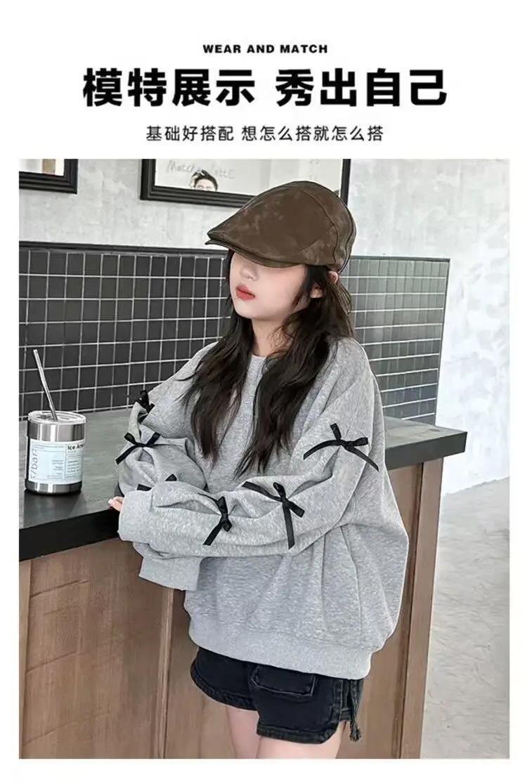Girls Grey Sweatshirt Spring Bow Loose Top 2025 — feature 15