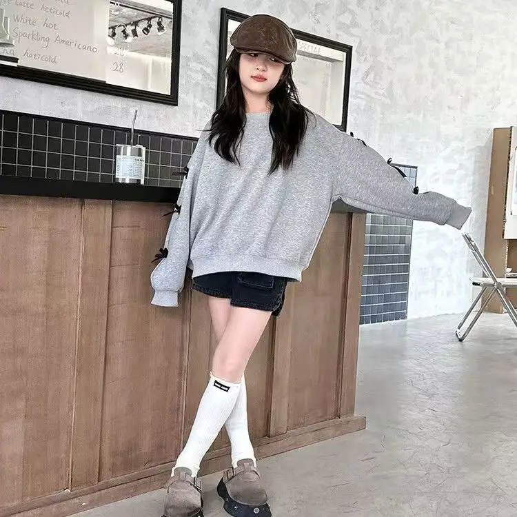 Girls Grey Sweatshirt Spring Bow Loose Top 2025 — feature 16