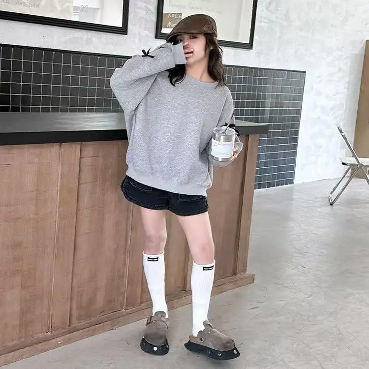 Girls Grey Sweatshirt Spring Bow Loose Top 2025 — feature 19