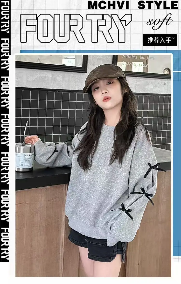 Girls Grey Sweatshirt Spring Bow Loose Top 2025 — feature 5