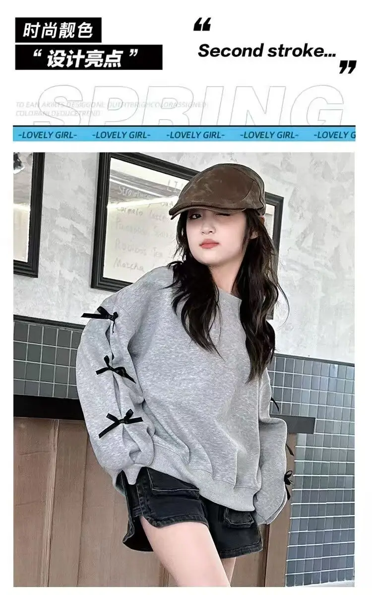 Girls Grey Sweatshirt Spring Bow Loose Top 2025 — feature 6