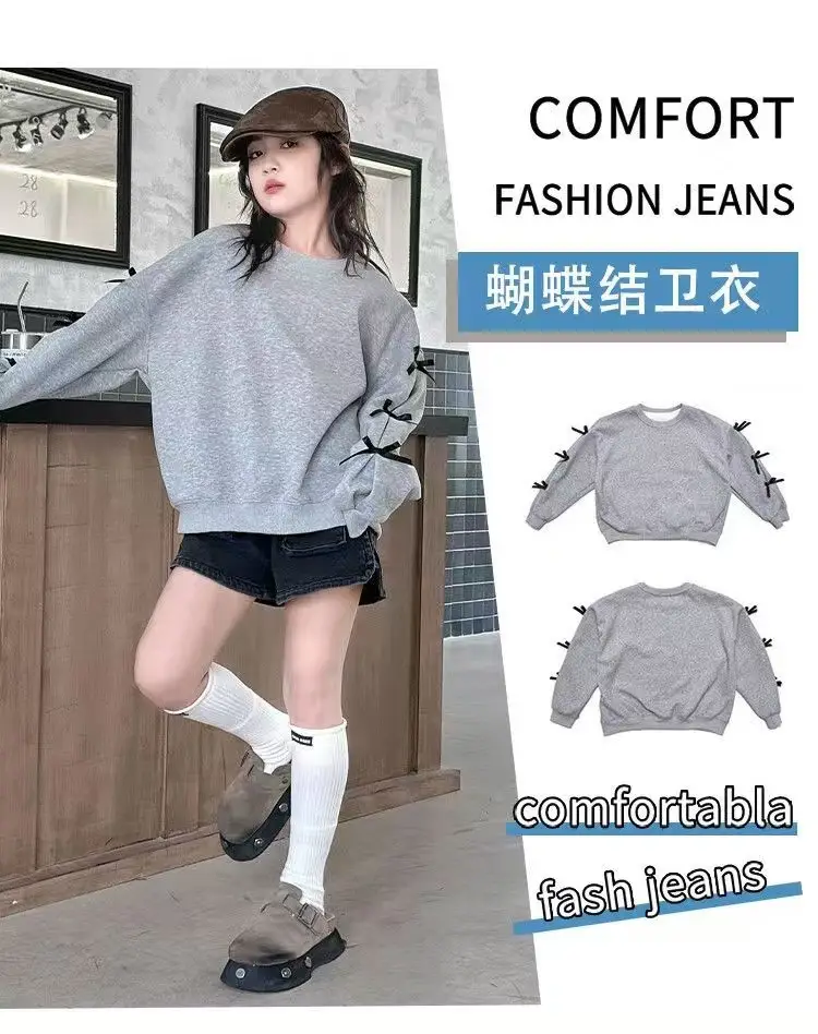 Girls Grey Sweatshirt Spring Bow Loose Top 2025 — feature 8