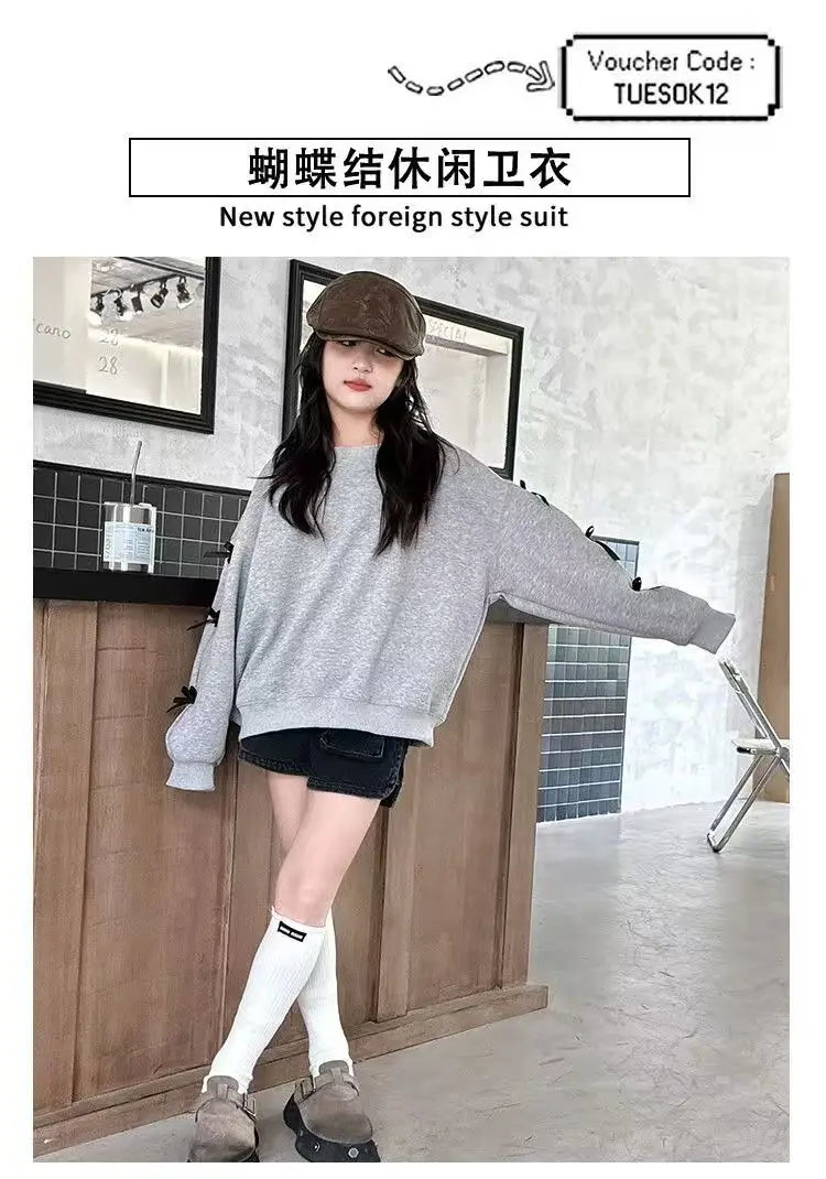 Girls Grey Sweatshirt Spring Bow Loose Top 2025 — feature 9