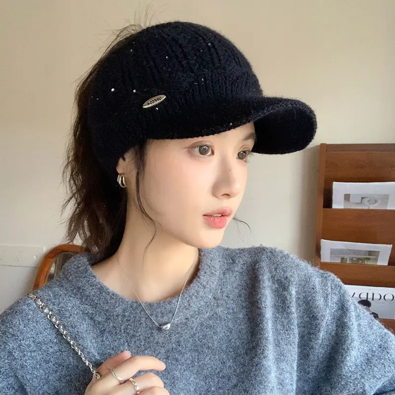 Women's Black Knitted Baseball Cap with Metal Logo - Image 9