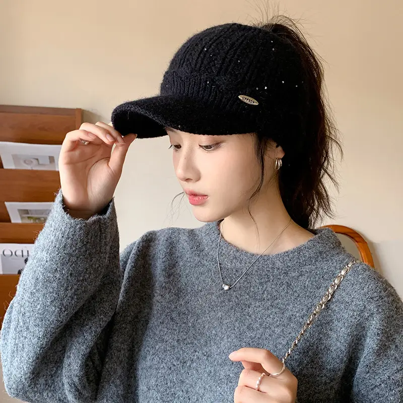Women's Black Knitted Baseball Cap with Metal Logo - Image 3