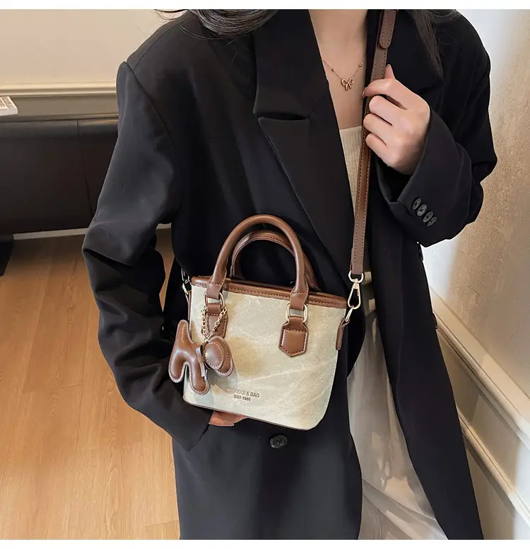 Women Retro Blue Canvas Crossbody Bag with Leather Strap — feature 3