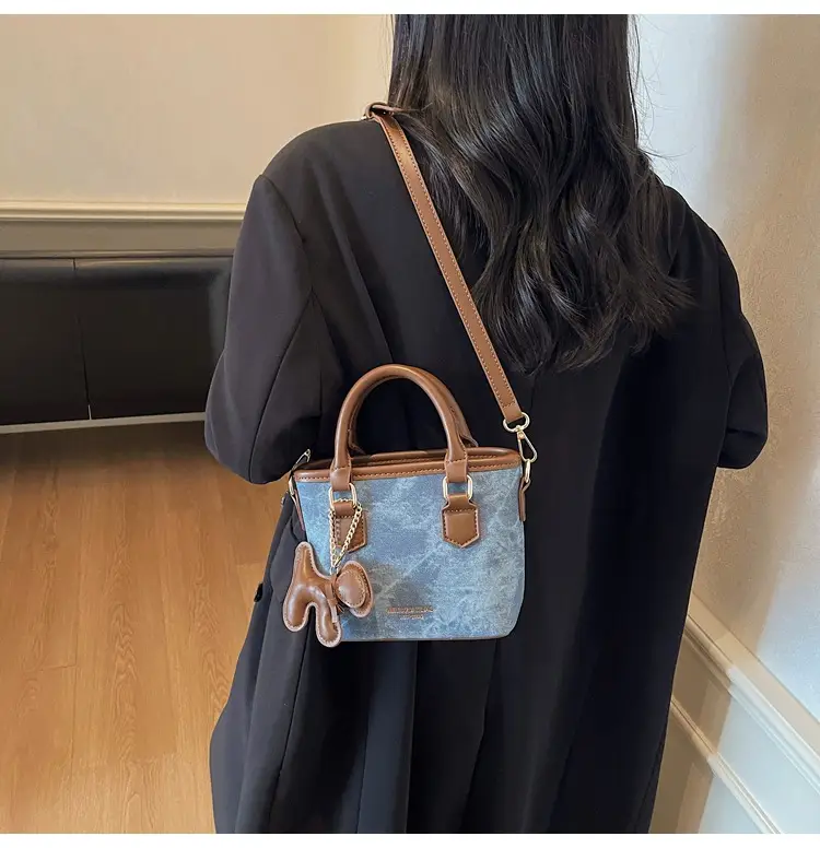 Women Retro Blue Canvas Crossbody Bag with Leather Strap — feature 4