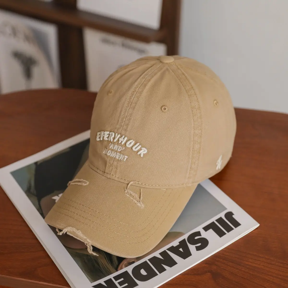 Brown Cotton Embroidered Cap for Women with Wide Brim - Image 9