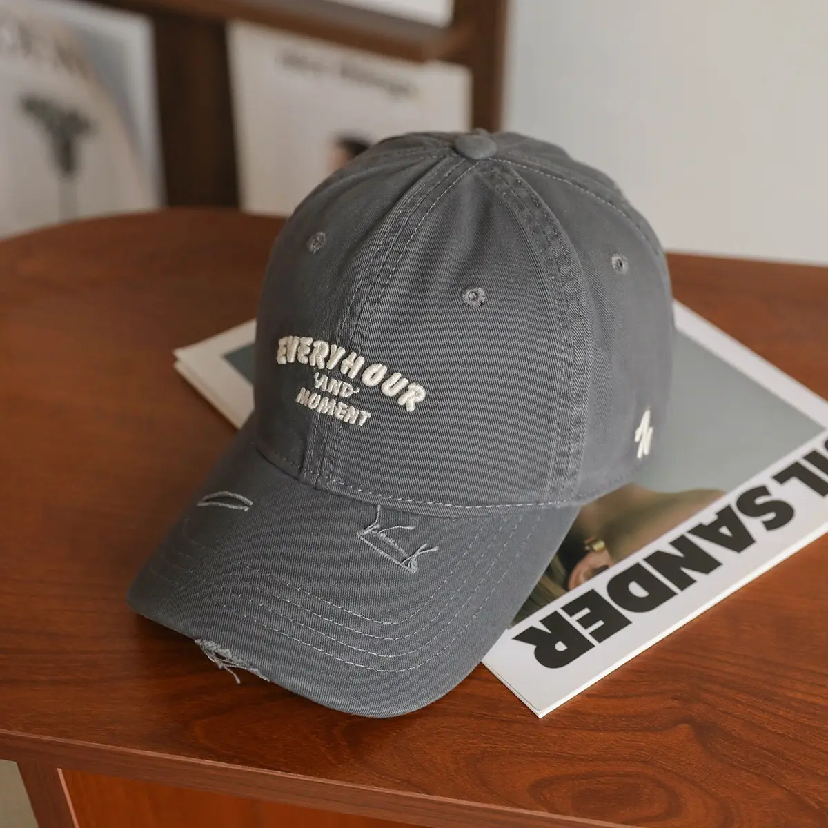 Brown Cotton Embroidered Cap for Women with Wide Brim - Image 3