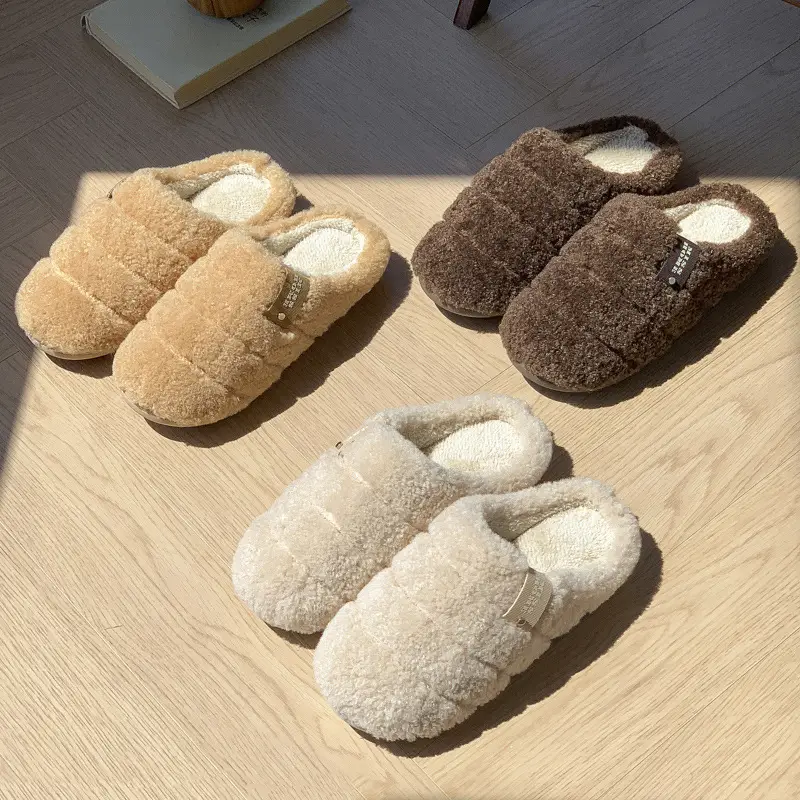 New Pure Color Simple Plush Slippers for Women in Autumn and Winter for Couples Indoor Home Fleece-Lined Warm Anti-Slip Cotton Slippers for Men - Image 7