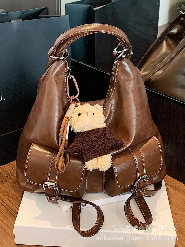 Women's Large Capacity Leather Tote Bag Brown Retro Style - Image 8