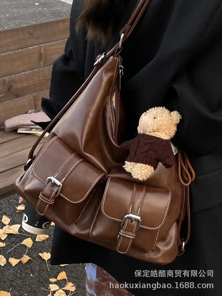 Women's Large Capacity Leather Tote Bag Brown Retro Style - Image 9