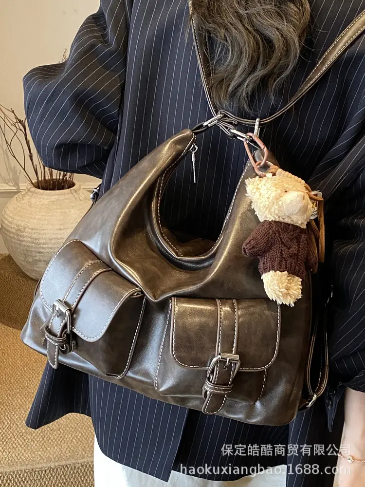 Women's Large Capacity Leather Tote Bag Brown Retro Style - Image 11