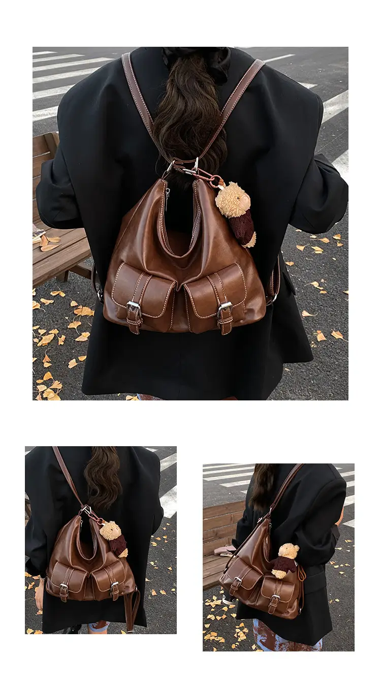 Women's Large Capacity Leather Tote Bag Brown Retro Style — feature 10