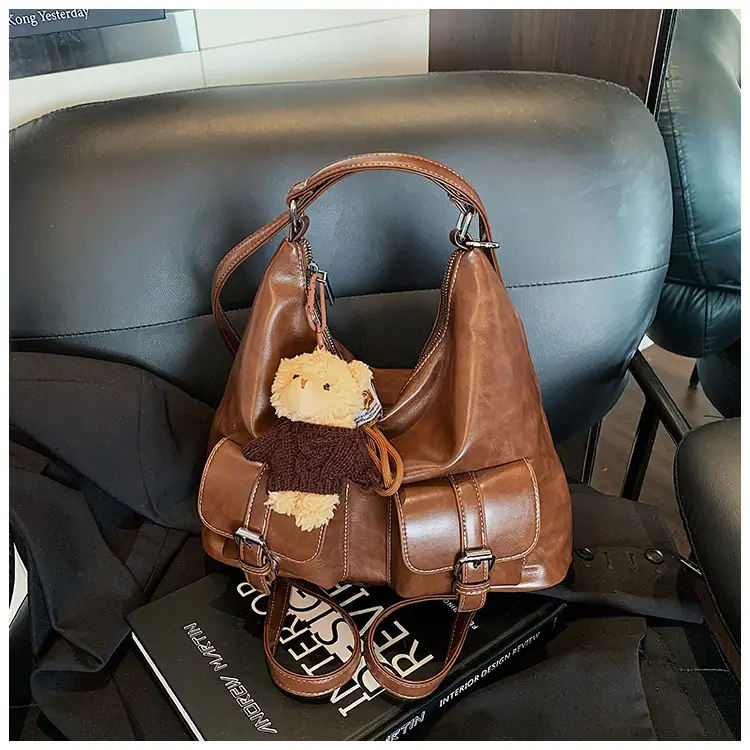 Women's Large Capacity Leather Tote Bag Brown Retro Style — feature 15