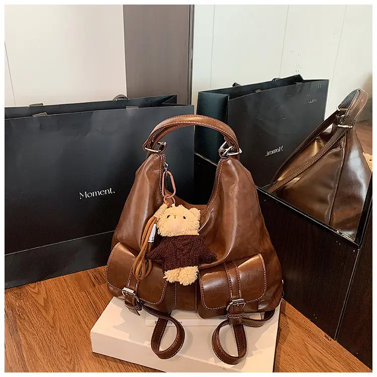 Women's Large Capacity Leather Tote Bag Brown Retro Style — feature 16
